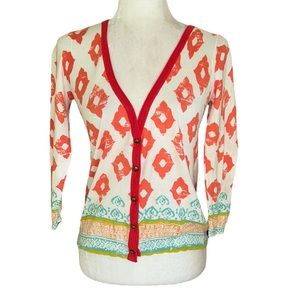 Anthropologie Moth Karnali Ikat Geometric 3/4 Sleeve Cotton Crop Cardigan - S